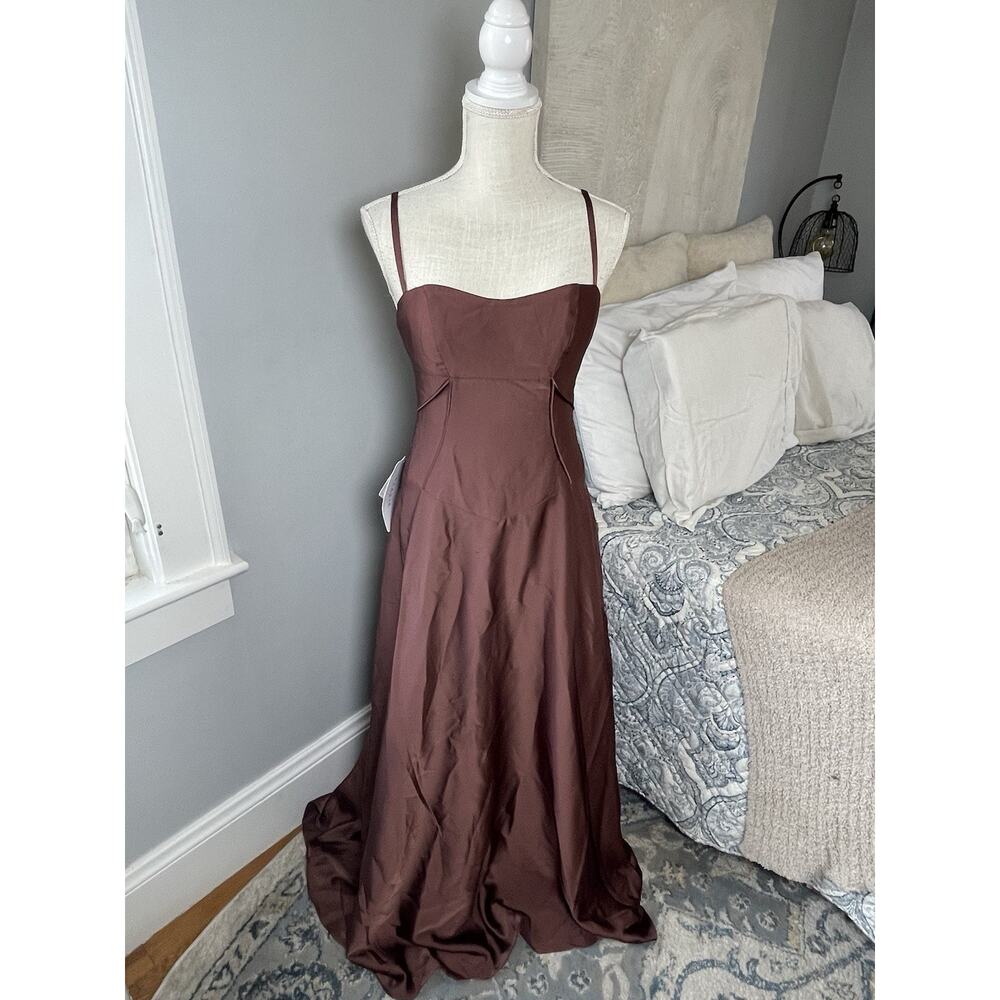 Azazie Atelier Zoya Mocha Coco Satin Dress Lace Up Back Maxi Womens 4